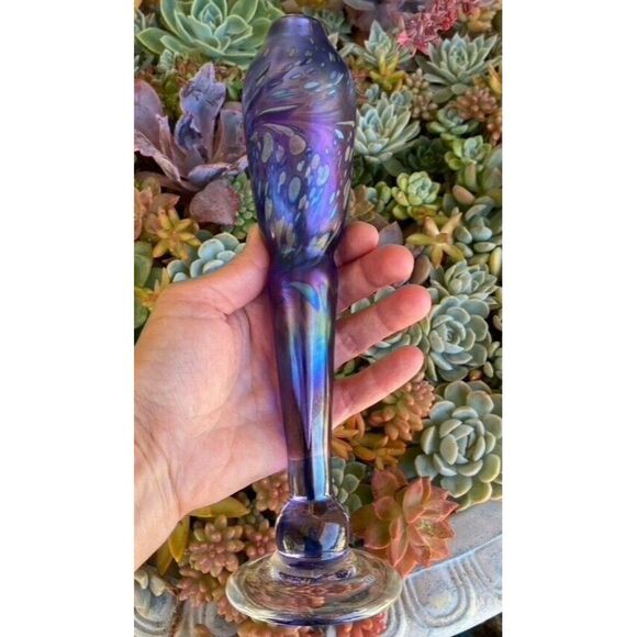 Brian Maytum Blown Glass Torchiere Oil Lamp Purple Iridescent Signed Dated 1985 - Picture 3 of 8